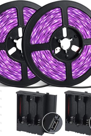 16.4FT Black Light Strip with USB Plug + Battery Box, Adhesive 300LEDs Blacklight Fixture, Battery & USB Operated for Glow Neon Party Birthday Glass Cabinet Fluorescent Poster Fishing Boat