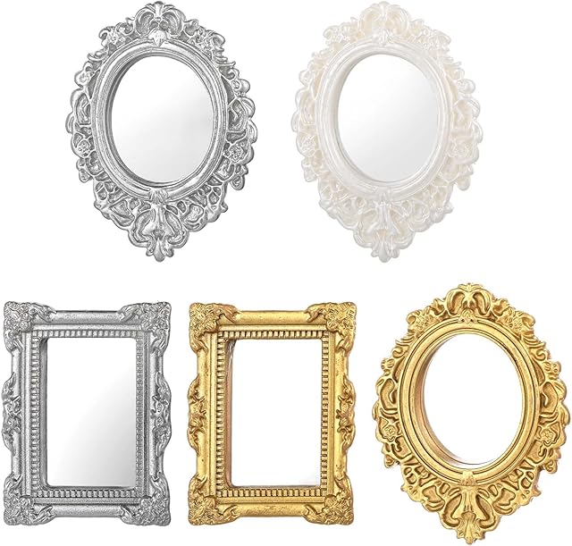 The 5pcs Miniature Dollhouse Mirror 1/12 Dollhouse Accessories Gold and Silver European Frame Mirror mini dollhouse accessories 1:12 Scale Victorian Baroque Wall Decor for Miniature Bedroom Mini Furniture