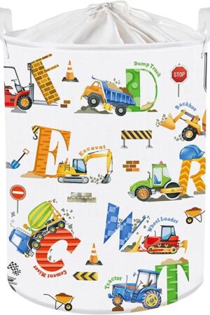 Clastyle Large Alphabet Car Kid Laundry Basket Construction Police Car Clothes Hamper for Boy Nursery Collapsible Excavator Toy Storage Basket with Lid
