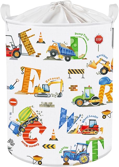 Clastyle Large Alphabet Car Kid Laundry Basket Construction Police Car Clothes Hamper for Boy Nursery Collapsible Excavator Toy Storage Basket with Lid