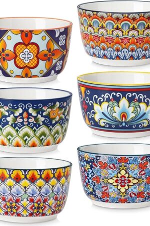 vancasso 8 Oz Ramekins Oven Safe Set of 6, Bohemian Creme Brulee Ramekins, Colorful Souffle Dishes, Pudding Custard Cups for Baking, Small Ceramic Bowls for Snacks, Ice Cream