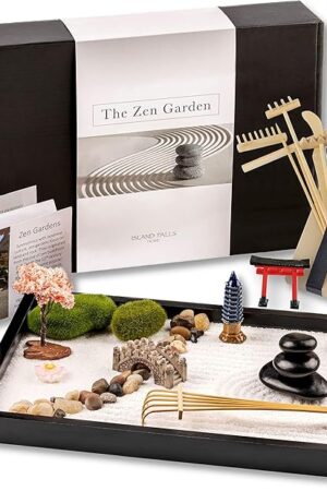 Zen Garden Kit 11x8in. Beautiful Japanese Decor Mini Rock Feature Gift Set for Home, Office Desk. Zen Sand Garden, 6 Tools, 15 Accessories. Sand Tray Therapy Desktop Meditation Room