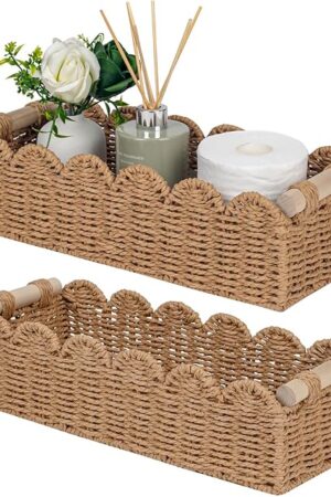 CubesLand Scalloped Decor Basket for Living Room, Home, Bathroom, 2SAME SIZE Paper Rope Basket, Toilet Storage Baskets for Over Toilet Storage Shelf, Cute Woven Basket Both Storage&Decor, Neutral