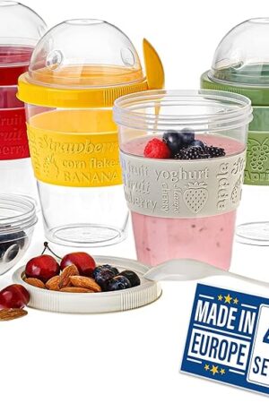 Crystalia Yogurt Parfait Cups with Lids, BPA FREE Reusable Yogurt Containers with Lids and Spoons, Take and Go Yogurt Cup with Topping Cereal or Oatmeal Container, Colorful Set of 4 (Large 20 oz)