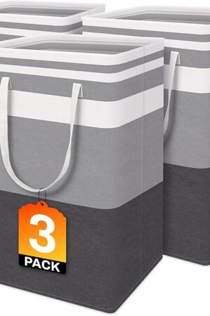 BlissTotes 3-Pack Laundry Basket, Freestanding＆Waterproof Laundry Hamper, Collapsible Tall Clothes Hamper with Easy Carry Handles for Clothes, Towels in the Family and Dorm,Gradient Grey,75L