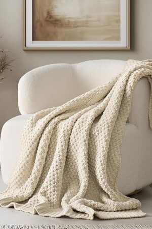 Chenille Throw Blanket Moss Stitch Knitted Throws Beige 50" x 60"