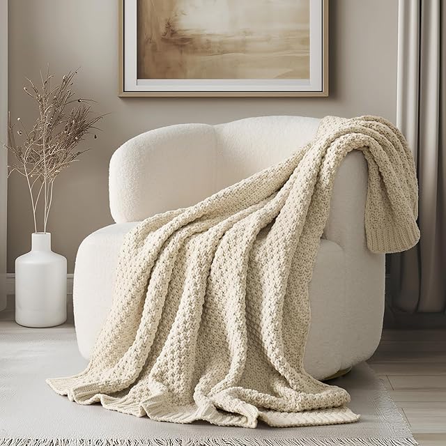 Chenille Throw Blanket Moss Stitch Knitted Throws Beige 50" x 60"
