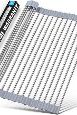 Zulay Kitchen 17.5? x 12? Roll Up Dish Drying Rack - Stainless Steel Over Sink Dish Drying Rack - Multipurpose Foldable Sink Rack for Kitchen Counter - Non-Slip, Heavy-Duty Drying Rack (Gray)