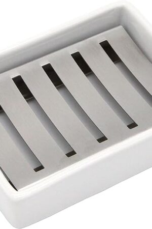 Ceramic Soap Dish Stainless Steel Soap Holder for Bathroom and Shower Double Layer Draining Soap Box