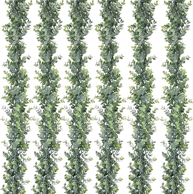 DearHouse 6 Pack Faux Eucalyptus Garland Plant, Artificial Vines Hanging Eucalyptus Leaves Greenery Garland for Wedding Backdrop Arch Wall Decor, 5.9 Feet/pcs UV Protected Indoor Outdoor