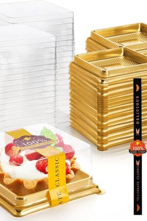 100 Pack 3 Inch Mini Cake Container, Small Clear Plastic Cupcake Box with Lids Stickers, Single Square Mooncake Cookies Packing Box for Individual Chocolate, Wedding Party, Christmas