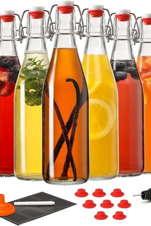 8 Set 16 OZ Swing Top Glass Bottles - Flip Top Beer Brewing Bottles with Stopper for Fermentation, Kombucha, Mead Kefir, Vanilla Extract, Juice, Tea, Wine, Soda - Airtight Cap Lids, Bonus 2 Pourers
