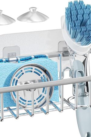 Consumest Sponge Holder Sink Caddy - Ladder Shaped Sponge Holder for Kitchen Sink with 2 Installation Ways (Suction Cups & Adhesive Hook), Rustproof Stainless Steel Kitchen Organizer, Silver