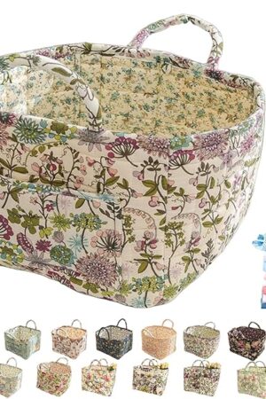 Boho Fabric Storage Basket, Boho Floral Laundry Baskets, Collapsible Floral Pastoral Style Quilted Fabric Storage Basket, Large Capacity Vintage Storage Bag Organizer with Handle & Front Pocket(Large)