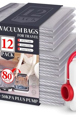 VMstr 12 Pack Vacuum Storage Bags for Travel, Carry-on Size for Luggage Compression Packing, Space Saver with High Pressure Electric Pump(D/C Power)