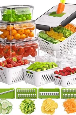 4 Pcs Fruit Storage Containers for Fridge with Vegetable Chopper Set & Removable Colander, Airtight Food Storage Containers with Mandoline Slicer, Dishwasher & Microwave Safe