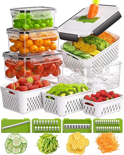 4 Pcs Fruit Storage Containers for Fridge with Vegetable Chopper Set & Removable Colander, Airtight Food Storage Containers with Mandoline Slicer, Dishwasher & Microwave Safe
