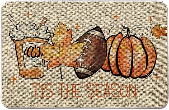 GAGEC Fall Welcome Door Mat Tis The Season Outdoor Rug Football Pumpkin Doormat Entrance Rugs Autumn Farmhouse Home Kitchen Bathroom Decorations Floor Front Door Mats 17 x 27 Inch