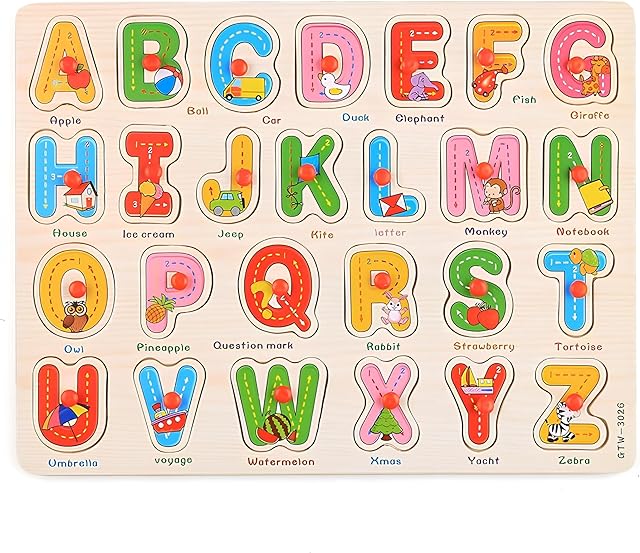 The Alphabet Puzzle Wooden Puzzles for Toddlers 3+ Year Old, ABC Puzzle Shape Alphabet Learning Puzzles Toys with Puzzle Board & Letter Blocks, Preschool Education Puzzle for Girls and Boys, Large