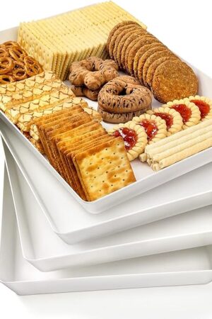 4-Pack Plastic 16" x 11" Large White Serving Trays Set - Reusable Serving Platters for Cookie, Appetizer, Charcuterie, Snack, Dessert, Party Food Display - Stackable Kitchen CounterTop Tray, BPA Free