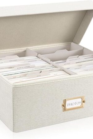 ZICOTO Decorative Photo Storage Box - Sturdy Linen Photo Organizer with Dividers is Perfect to Store Up to 1700 Pictures and 4x6 Photos - Portable Scrapbook Storage Containers with Lid