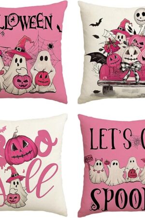 AVOIN colorlife Halloween Ghost Boo Y'all Car Pumpkin Throw Pillow Covers, 18 x 18 Inch Pink Let's Get Spooky Cushion Case Decoration for Sofa Couch Set of 4