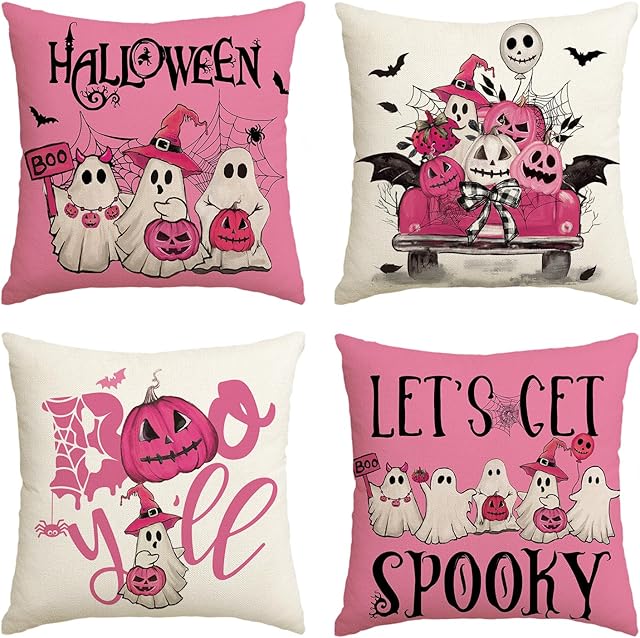 AVOIN colorlife Halloween Ghost Boo Y'all Car Pumpkin Throw Pillow Covers, 18 x 18 Inch Pink Let's Get Spooky Cushion Case Decoration for Sofa Couch Set of 4