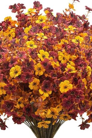 16 Bundles Artificial Fall Mums with Eucalyptus, Faux Daisy UV Resistant Outdoor Decor - Autumn Orange Flowers for Front Door Porch Planter, Patio, Thanksgiving Christmas (Fall Yellow&Red)