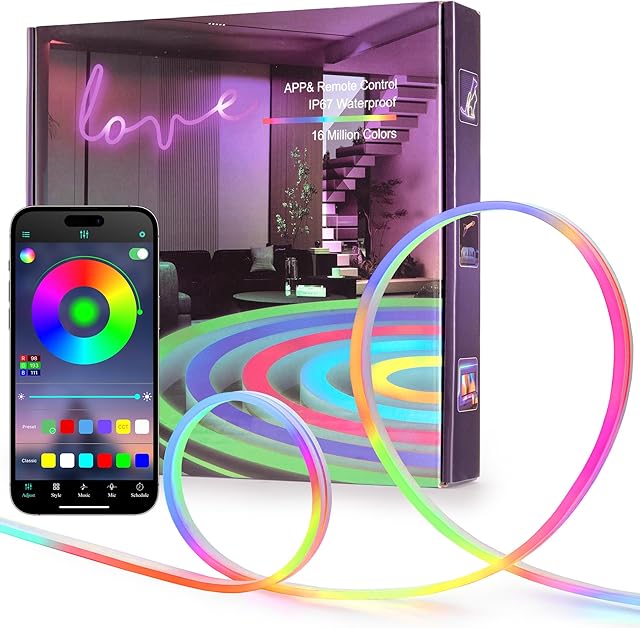 50FT LED Neon Rope Lights, Flexible Led Rope Lights Control with App/Remote, IP67 Outdoor RGB Color Changing Led Neon Lights Waterproof, Music Sync Led Strip Lights for Bedroom Decor