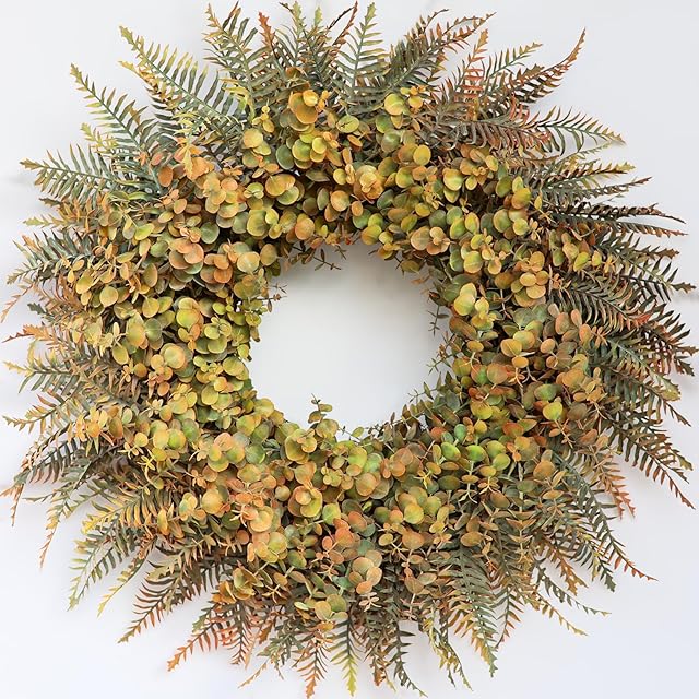 26" Fall Wreath for Front Door - Large Artificial Eucalyptus and Fake Ferns Leaves Outdoor Wreath for Porch, Window,Farmhouse,Home,Thanksgiving Day Harvest Festival Autumn Decor