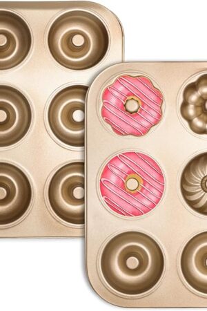 2PCS Donut Pan Carbon Steel 6-Cavity Donut Pan for Baking Doughnut Nonstick & Easy Clean & Dishwasher Safe Donut Mold for Cake, Dessert & Bagel (Champagne Gold)