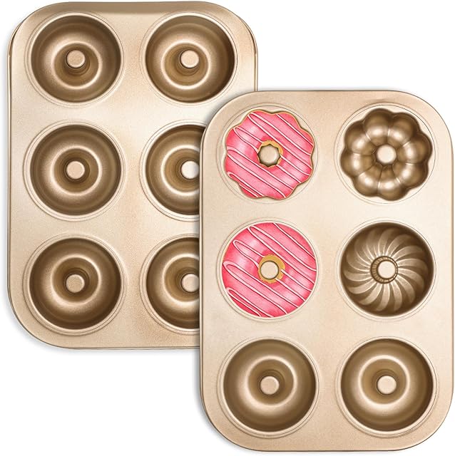 2PCS Donut Pan Carbon Steel 6-Cavity Donut Pan for Baking Doughnut Nonstick & Easy Clean & Dishwasher Safe Donut Mold for Cake, Dessert & Bagel (Champagne Gold)