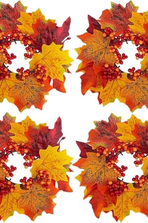 Winlyn 4 Pcs Artificial Maple Leaves and Berries Candle Rings Fall Candle Holders Small Candle Wreath Rings 11" Wide for Farmhouse Fall Thanksgiving Halloween Wedding Centerpiece Table Door Décor