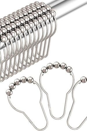 Amazer Shower Curtain Hooks, Decorative Rust Proof Stainless Steel Shower Curtain Hooks for Bathroom Shower Rods Set of 12, Polished Nickel
