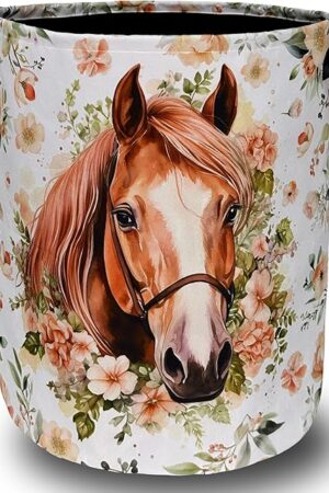 Watercolor Horse Laundry Basket Foldable With Handles Cute Animal Floral Tote Bag Oxford Cloth Colorful Laundry Hamper Clothes Toy Storage Bucket For Bathroom/Laundry/Bedroom 18.9" x 16.5 "