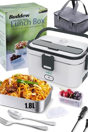 Buddew Electric Lunch Box 80W Food Heater 1.8L Large Capacity Heated Lunch Box 3 in 1 12V/24V/110V Portable Lunch Warmer for Car/Truck/Home/Office with Carry Bag and Fork and Spoon (Gray)