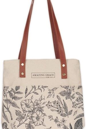 Christian Art Gifts Amazing Grace Canvas Tote Bag for Women Vegan Leather Creamy Tan Brown