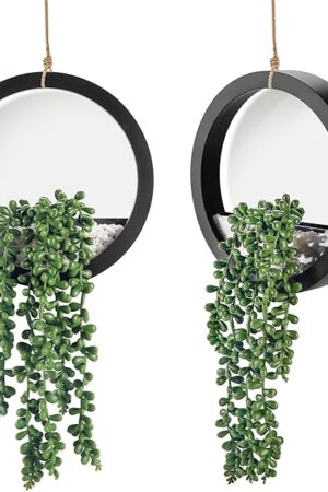 Der Rose 2 Pack Fake Plants Hanging Artificial Succulents Plants in Black Pots for Living Room Bathroom Accessories Boho Farmhouse Wall Decor