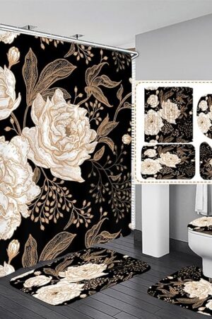 4PCS Rose Gold Flower Leaves Bathroom Set with Shower Curtain and Rugs, Botanical Floral Shower Curtain Sets with Rugs for Bathroom Decor, Durable Black Shower Curtain for Bathroom Set