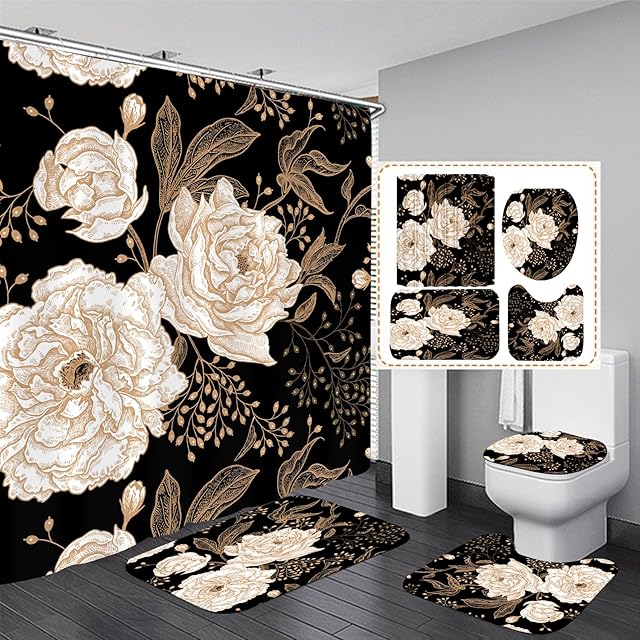 4PCS Rose Gold Flower Leaves Bathroom Set with Shower Curtain and Rugs, Botanical Floral Shower Curtain Sets with Rugs for Bathroom Decor, Durable Black Shower Curtain for Bathroom Set