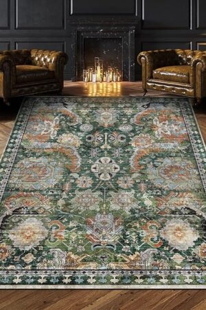 Washable Area Rugs - Perfect for Living Room, Bedroom, Kids Room, Nursery - Stain & Water Resistant Non-Slip, Pet & Child Friendly, Vintage Tribal Area Rugs (Green, 3' x 5 ')