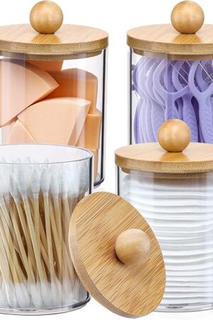 4 Pack Qtip Holder Dispenser with Bamboo Lids - 10 oz Clear Plastic Apothecary Jar Containers for Vanity Makeup Organizer Storage - Bathroom Accessories Set for Cotton Swab, Ball, Pads, Floss
