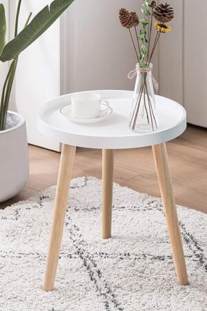 Apicizon Round Side Table White Tray Nightstand 15 x 18 Inches