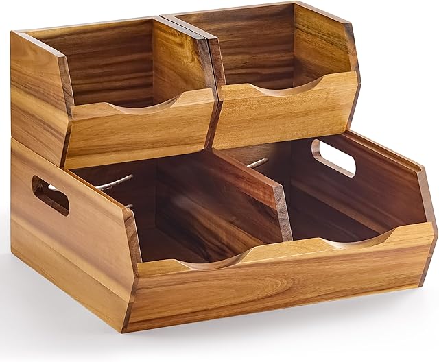 Acacia Wood Pantry Storage Bins - Stackable Open Front Kitchen Baskets with Airflow Vent for Potato, Onion, Fruit, Vegetable, and Bread Storage, Wood Organizer for Pantry and Countertop