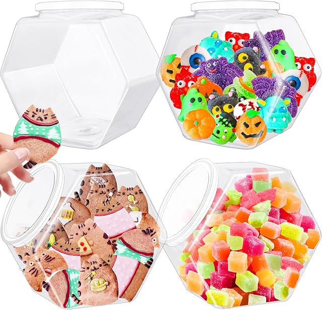 3 Pack Hexagon Plastic Candy Jars,72oz Clear Cookie Jar with Lid for Dry Food,Snacks,Candies,Cookies,Dog Treats,Laundry Pods,Coffee Pods,Craft Supplies