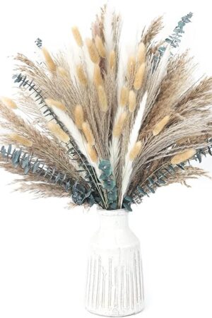120 PCS Dried Pampas Grass Decoration, Pampas Grass with Preserved Eucalyptus Leaves Dried Flowers, Reed Grass Bouquet for Bohemian Flowers Home Table Wedding Decoration, Rustic Farmhour.(light brown)