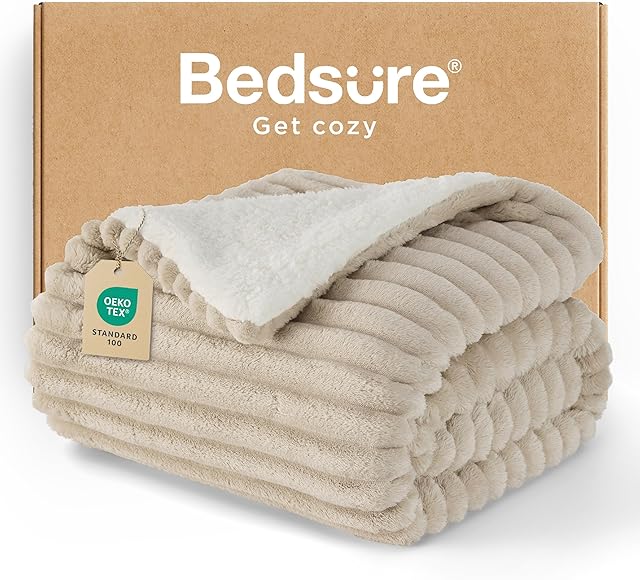 Bedsure Sherpa Throw Blanket for Couch - Super Soft Cozy Fleece Thick Warm Blanket for Winter, Plush Beige Throw Gift for Women, 50x60 Inches