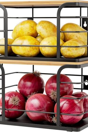 2 Pack Potato and Onion Storage Bin,Stackable Pantry Organizers and Storage with PP Liner and Bamboo Top,Kitchen Organization Counter Basket for Fruits,Produce,Vegetable, Black