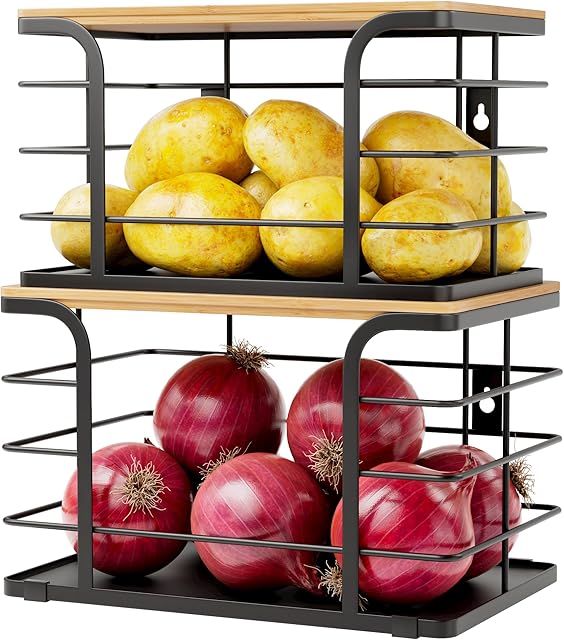 2 Pack Potato and Onion Storage Bin,Stackable Pantry Organizers and Storage with PP Liner and Bamboo Top,Kitchen Organization Counter Basket for Fruits,Produce,Vegetable, Black