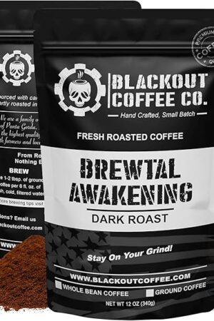 Blackout Coffee, Brewtal Awakening Dark Roast Coffee, High Caffeine, Bold, Rich, Aromatic, Strong & Flavored Coffee Beans, Fresh Roasted In The USA – 12 oz Bag (Ground Coffee)